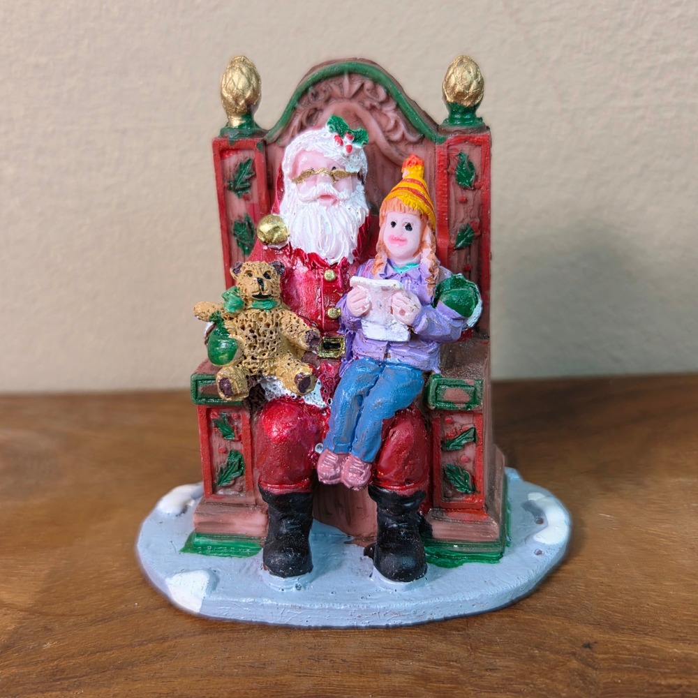 Santa Claus Figurine on Throne Girl Teddy Bear Christmas Village Decor Ornament